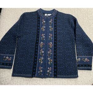 VTG Squaw Valley Womens PM 100% Shetland Wool Full Zip Embroidered Sweater Blue